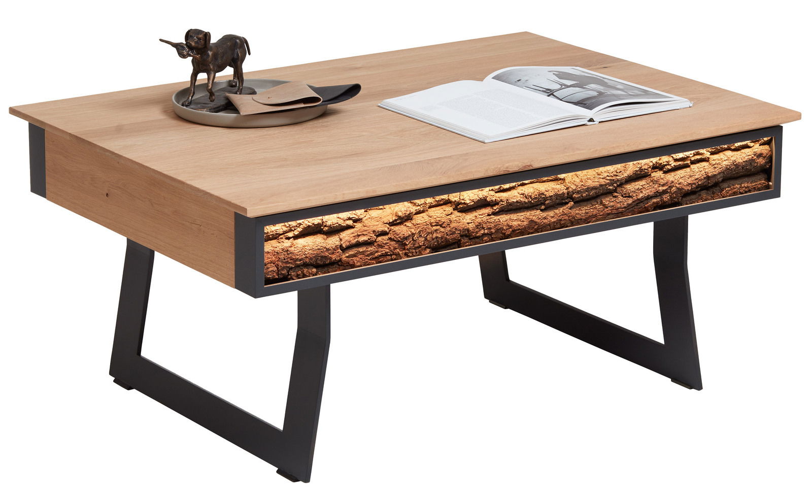 Valnatura Couchtisch 1410 CT Moderner Couchtisch aus Holz mit dekorativer Baumrindenbeleuchtung und schwarzem Metallgestell, seitliche Perspektive.