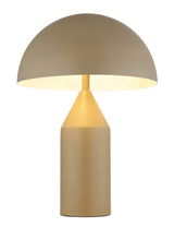 Moderne Tischleuchte ATOMA in Beige mit halbrundem Schirm und konischem Sockel, frontal abgebildet.
