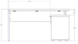 Technische Zeichnung eines Eckschreibtisches, Seitenansicht mit Maßen.