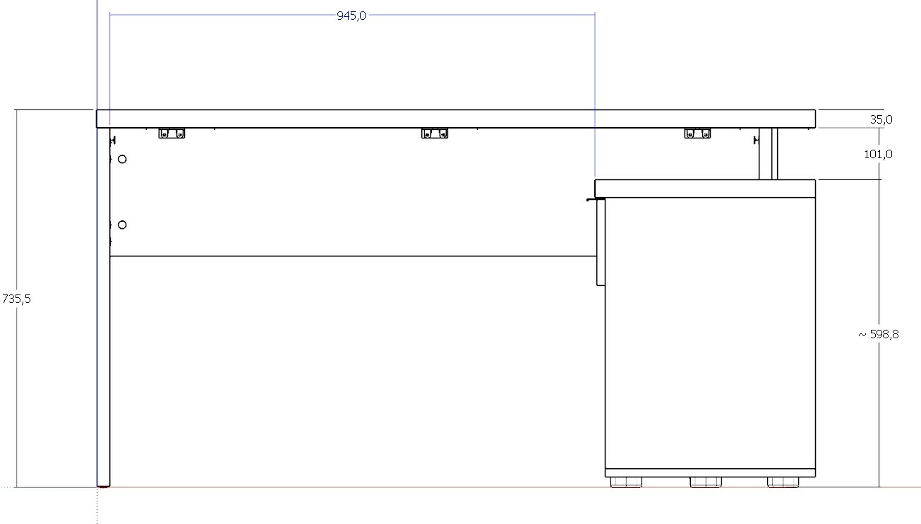 Technische Zeichnung eines Eckschreibtisches, Seitenansicht mit Maßen.