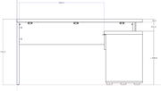 Technische Zeichnung eines Eckschreibtisches, Seitenansicht mit Maßen.