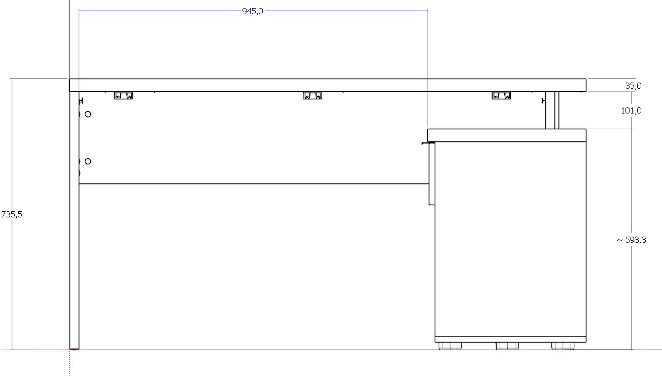 Technische Zeichnung eines Eckschreibtisches, Seitenansicht mit Maßen.