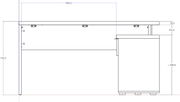 Technische Zeichnung eines Eckschreibtisches, Seitenansicht mit Maßen.