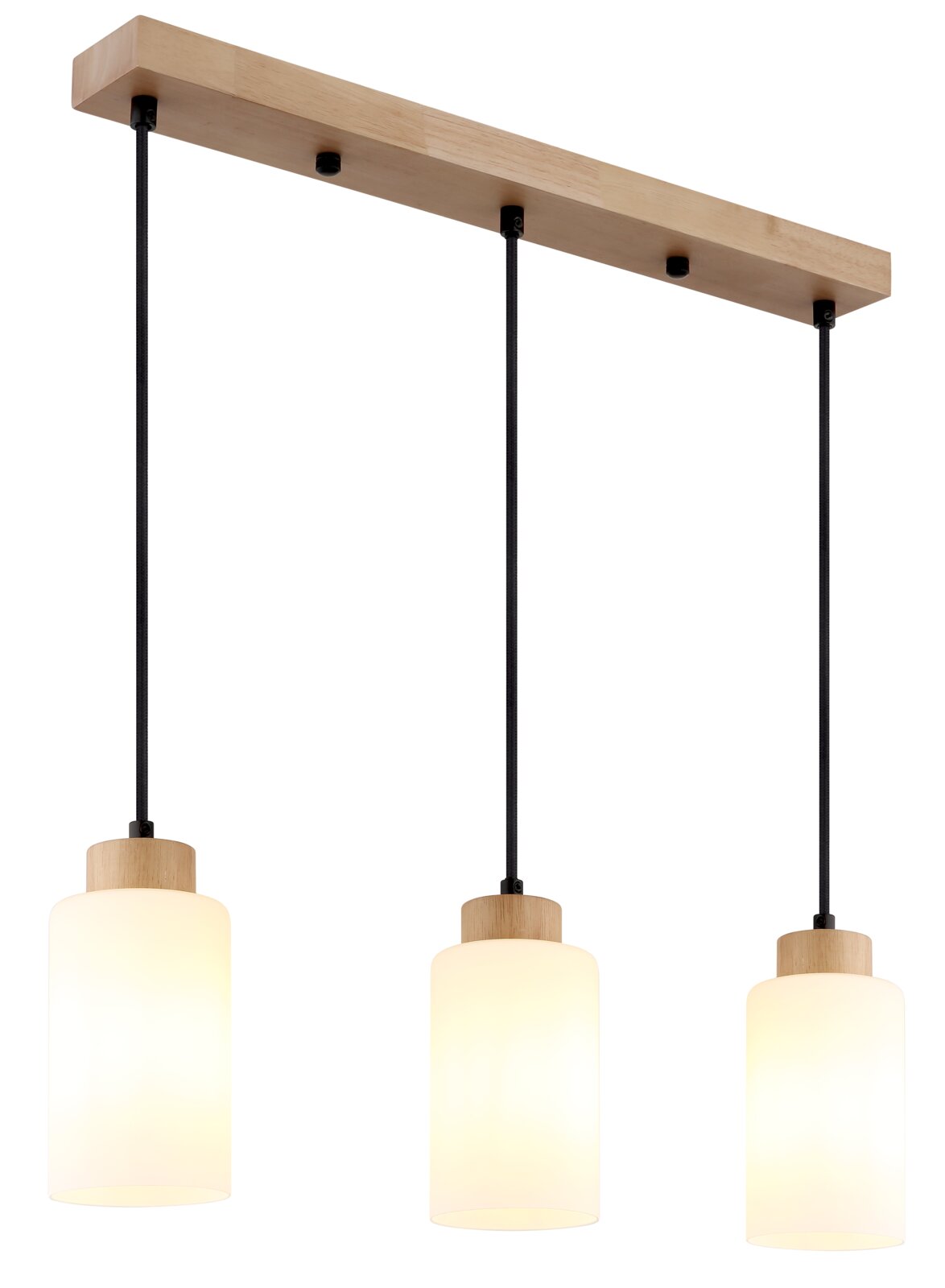 Hanglamp met drie lampen, voorzien van een rechthoekige kap van lichtgekleurd hout, drie zwarte textielkabels en cilindervormige, opaalwitte glazen kappen met houten details, in vooraanzicht licht van onderaf gezien