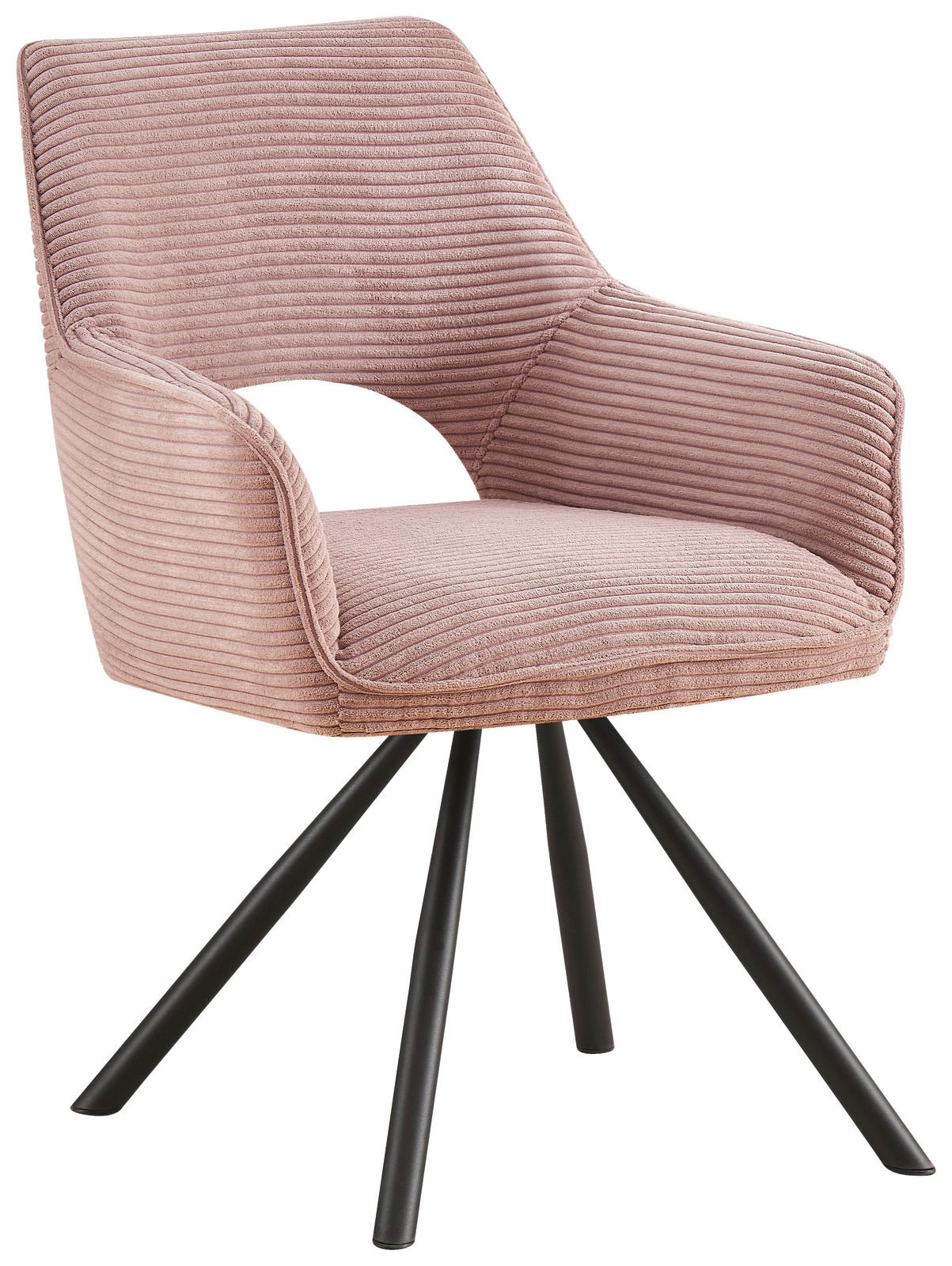 Rosa Armlehnstuhl mit geripptem Stoffbezug und schwarzen Metallbeinen, seitliche Perspektive