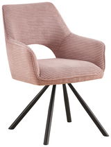 Rosa Armlehnstuhl mit geripptem Stoffbezug und schwarzen Metallbeinen, seitliche Perspektive