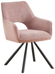 Rosa Armlehnstuhl mit geripptem Stoffbezug und schwarzen Metallbeinen, seitliche Perspektive