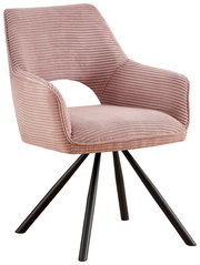 Rosa Armlehnstuhl mit geripptem Stoffbezug und schwarzen Metallbeinen, seitliche Perspektive