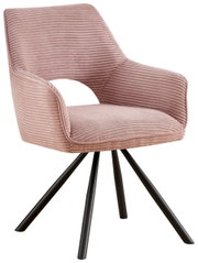 Roze fauteuil met geribbelde stoffen bekleding en zwarte metalen poten, zijaanzicht