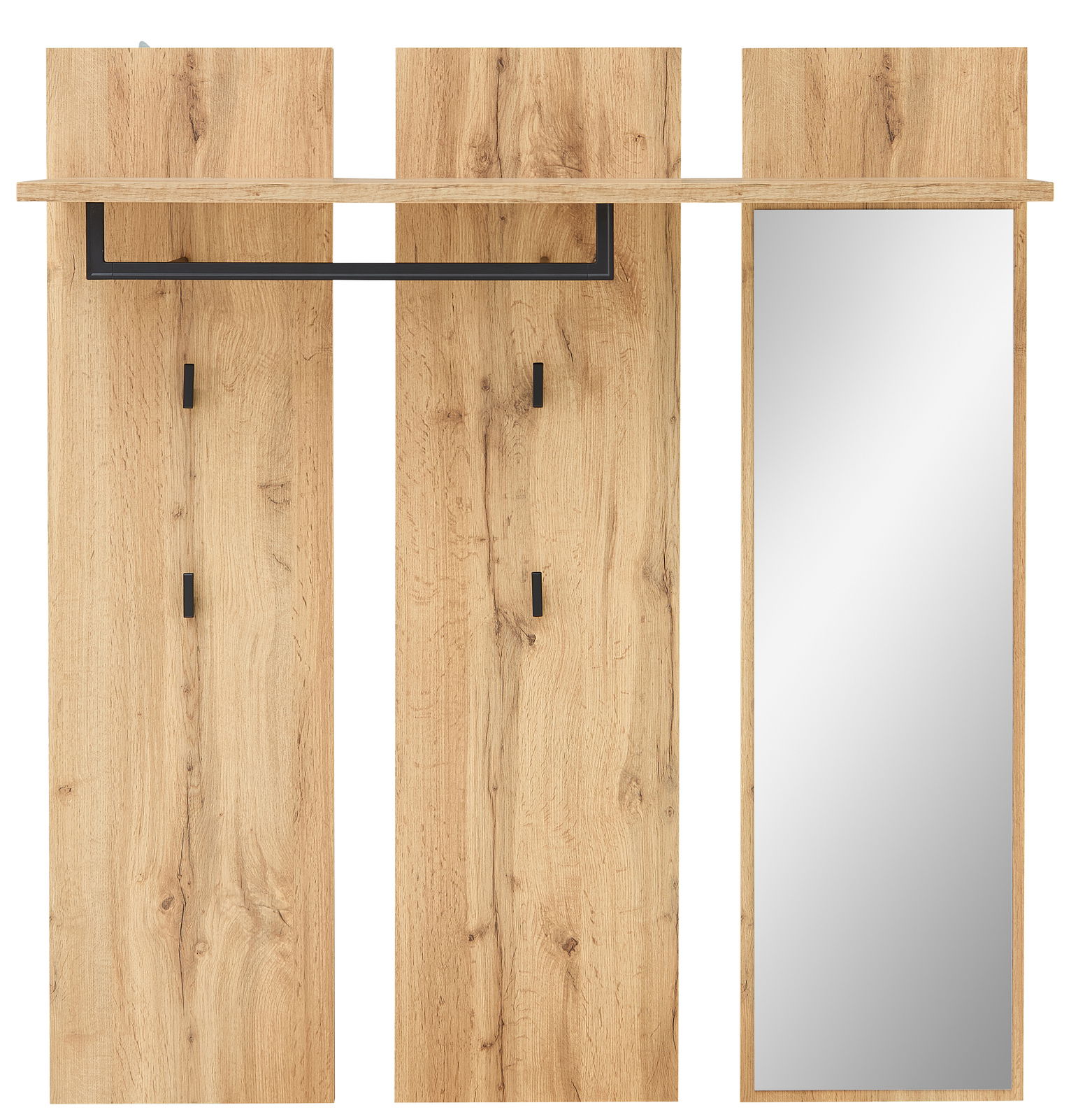 Frontale Ansicht eines dreiteiligen Garderoben-Sets aus Holzoptik mit Haken, Ablage und Spiegel.