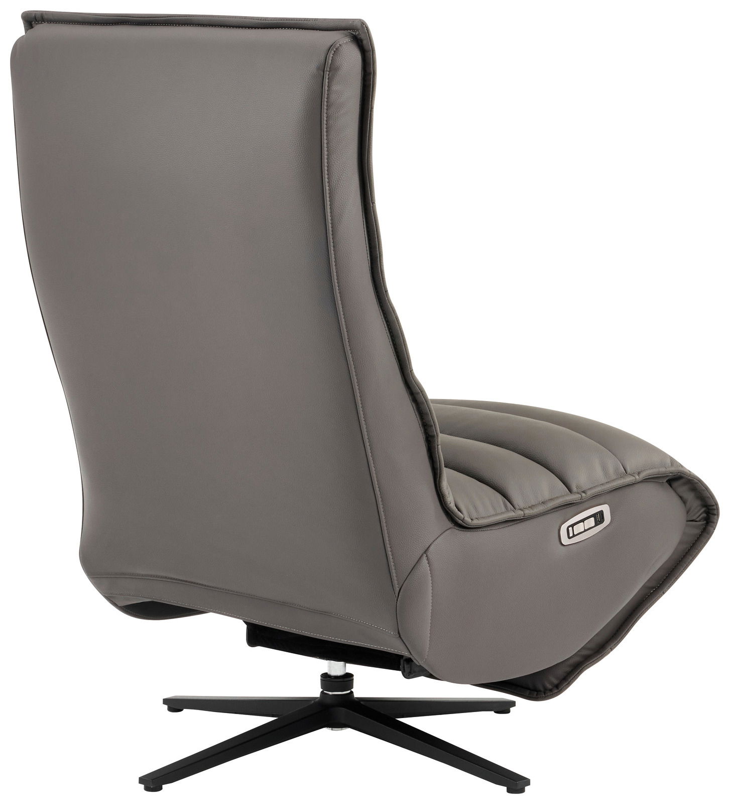 Rückansicht einer grauen Relaxliege mit modernem Design und drehbarem Fuß.