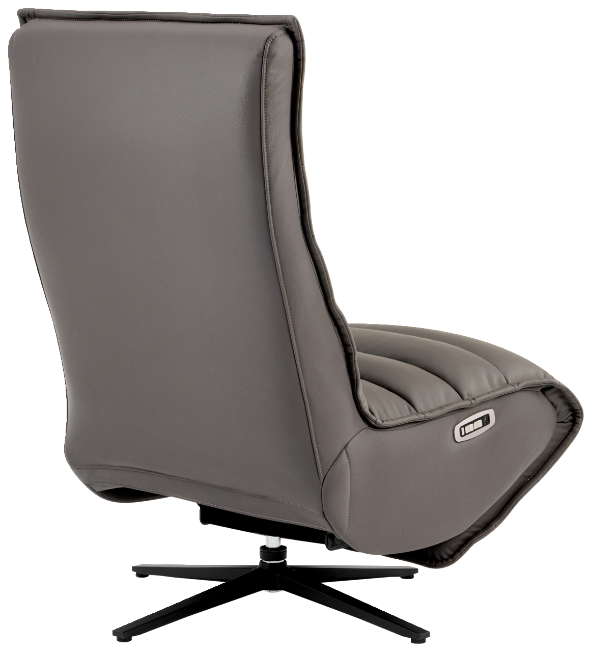 Rückansicht einer grauen Relaxliege mit modernem Design und drehbarem Fuß.