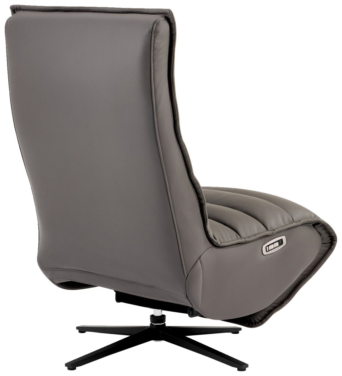 Rückansicht einer grauen Relaxliege mit modernem Design und drehbarem Fuß.
