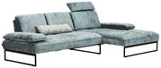 Graues Longchair-Sofa mit verstellbarer Kopfstütze und modernem Design, seitliche Perspektive
