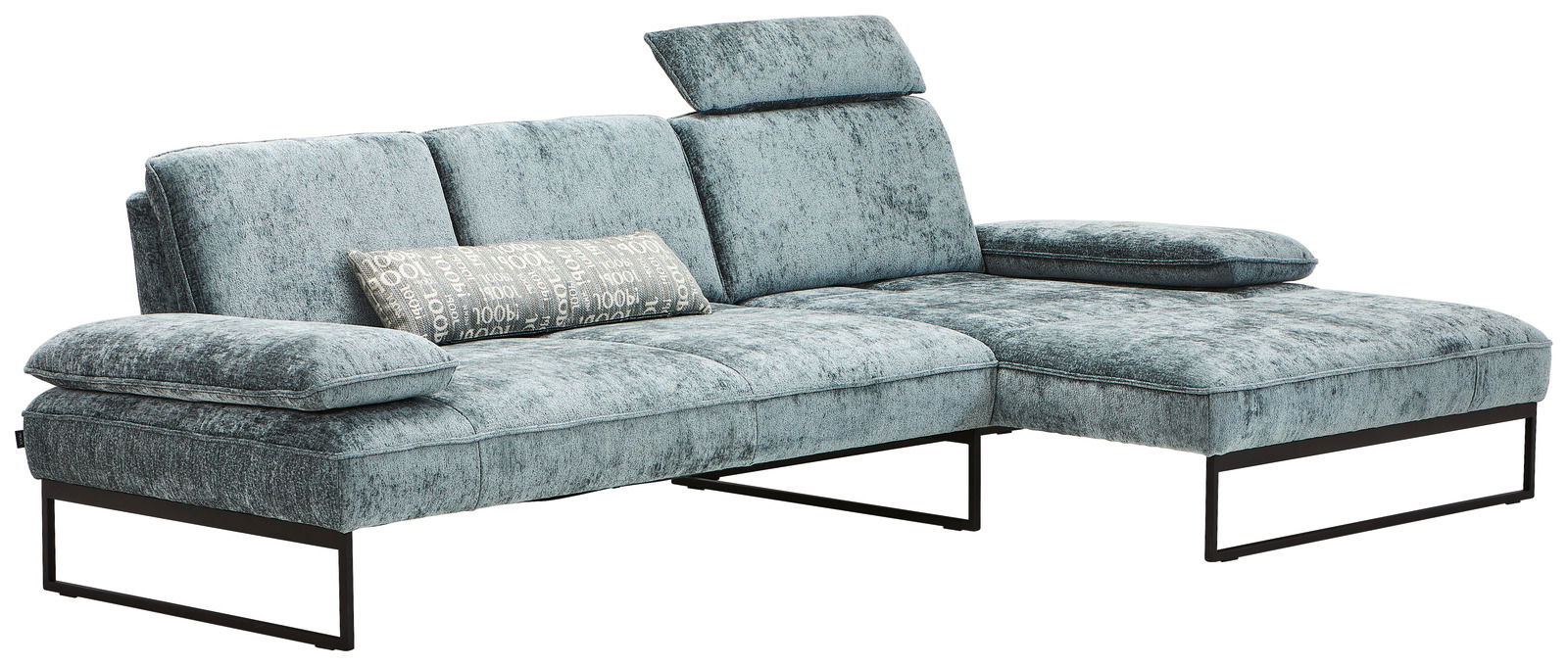 Graues Longchair-Sofa mit verstellbarer Kopfstütze und modernem Design, seitliche Perspektive