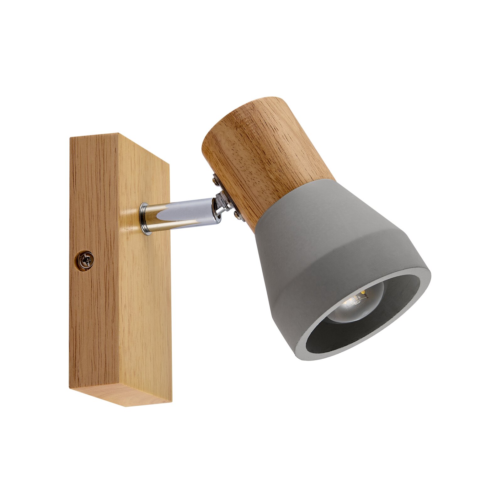 Moderner Strahler aus Holz und Metall in seitlicher Perspektive