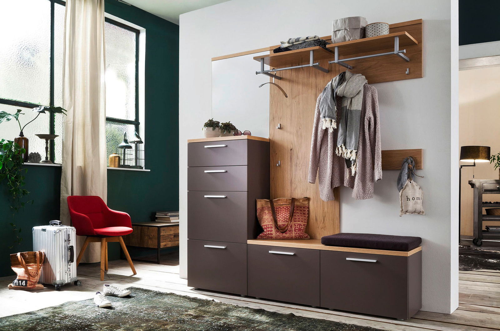 Moderano Vorschlagskombi Garderobe PASSARE Moderne Garderobe mit Schränken und Haken, seitliche Perspektive