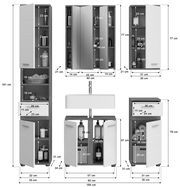 Badkombination mit Beleuchtung, bestehend aus mehreren Schränken und einem Waschbecken, frontal abgebildet. Die Schränke bieten viel Stauraum mit verschiedenen Fächern und Schubladen.