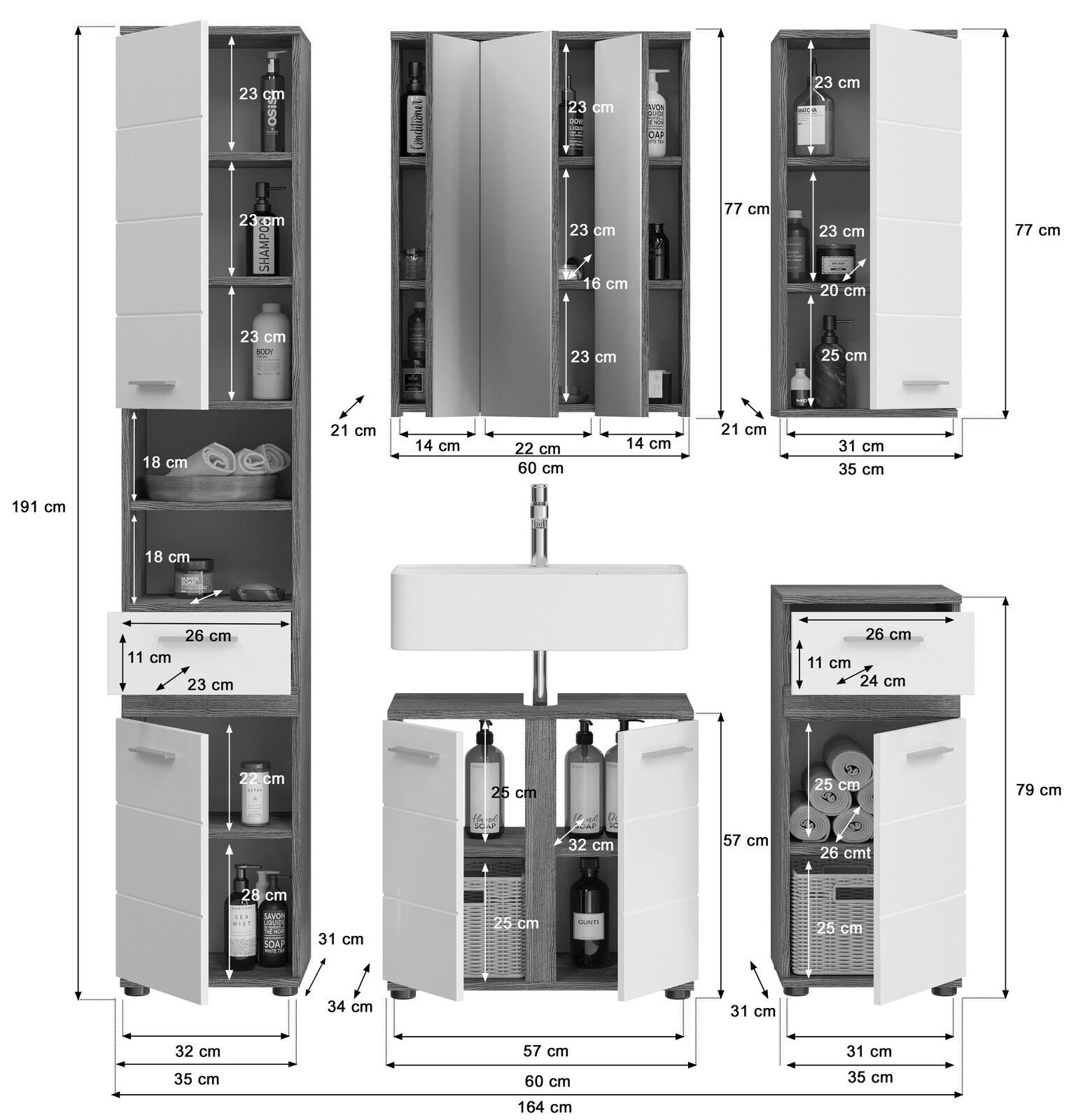 Badkombination mit Beleuchtung, bestehend aus mehreren Schränken und einem Waschbecken, frontal abgebildet. Die Schränke bieten viel Stauraum mit verschiedenen Fächern und Schubladen.
