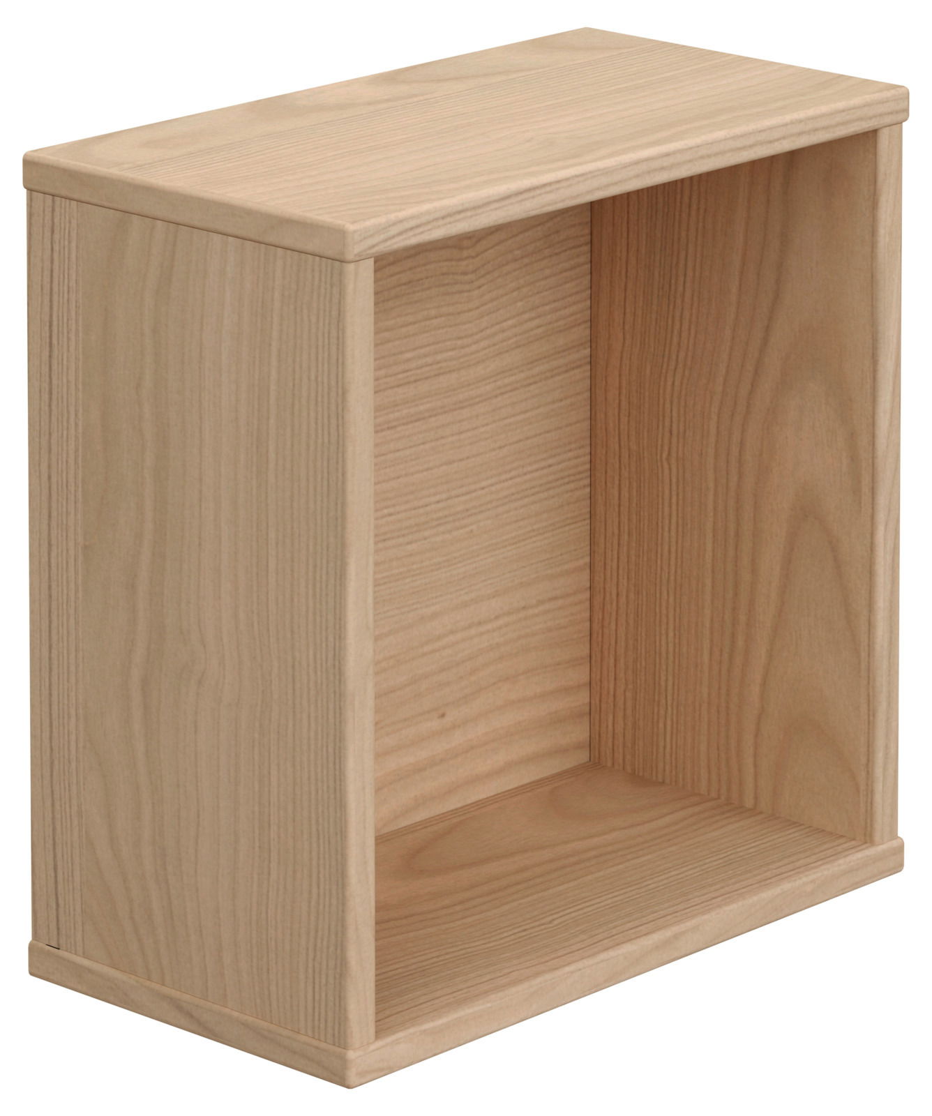 Quadratische Wandbox aus hellem Holz, perspektivisch von vorne links fotografiert.