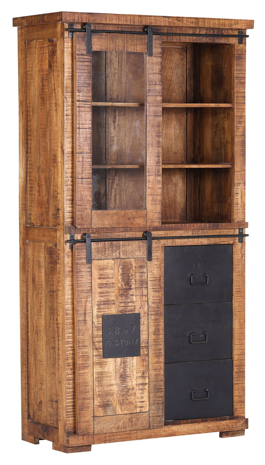 Landscape Vitrine BARNEY Rustikale Vitrine aus Holz mit Schiebetüren und Schubladen, seitliche Perspektive