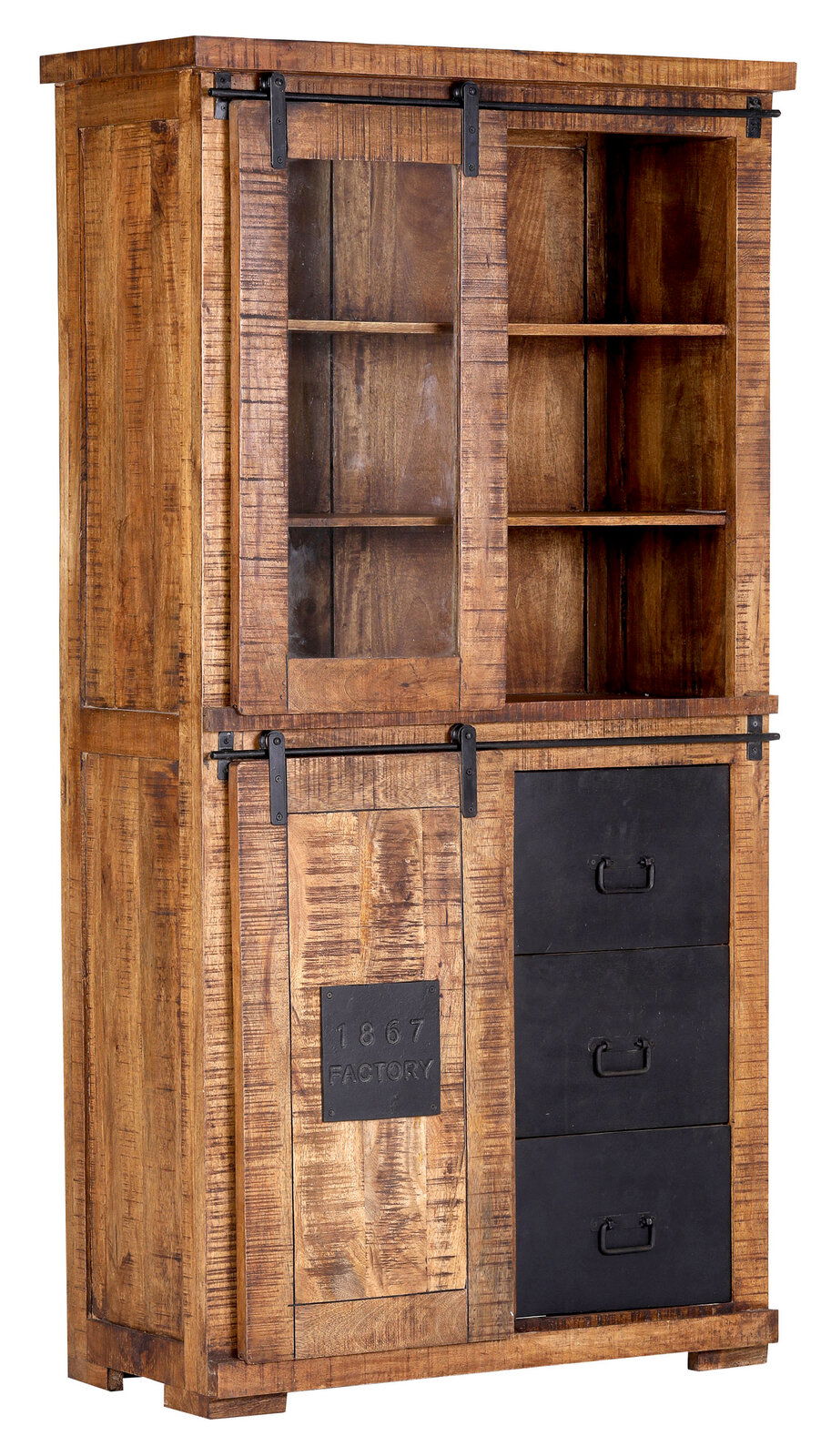 Landscape Vitrine BARNEY Rustikale Vitrine aus Holz mit Schiebetüren und Schubladen, seitliche Perspektive