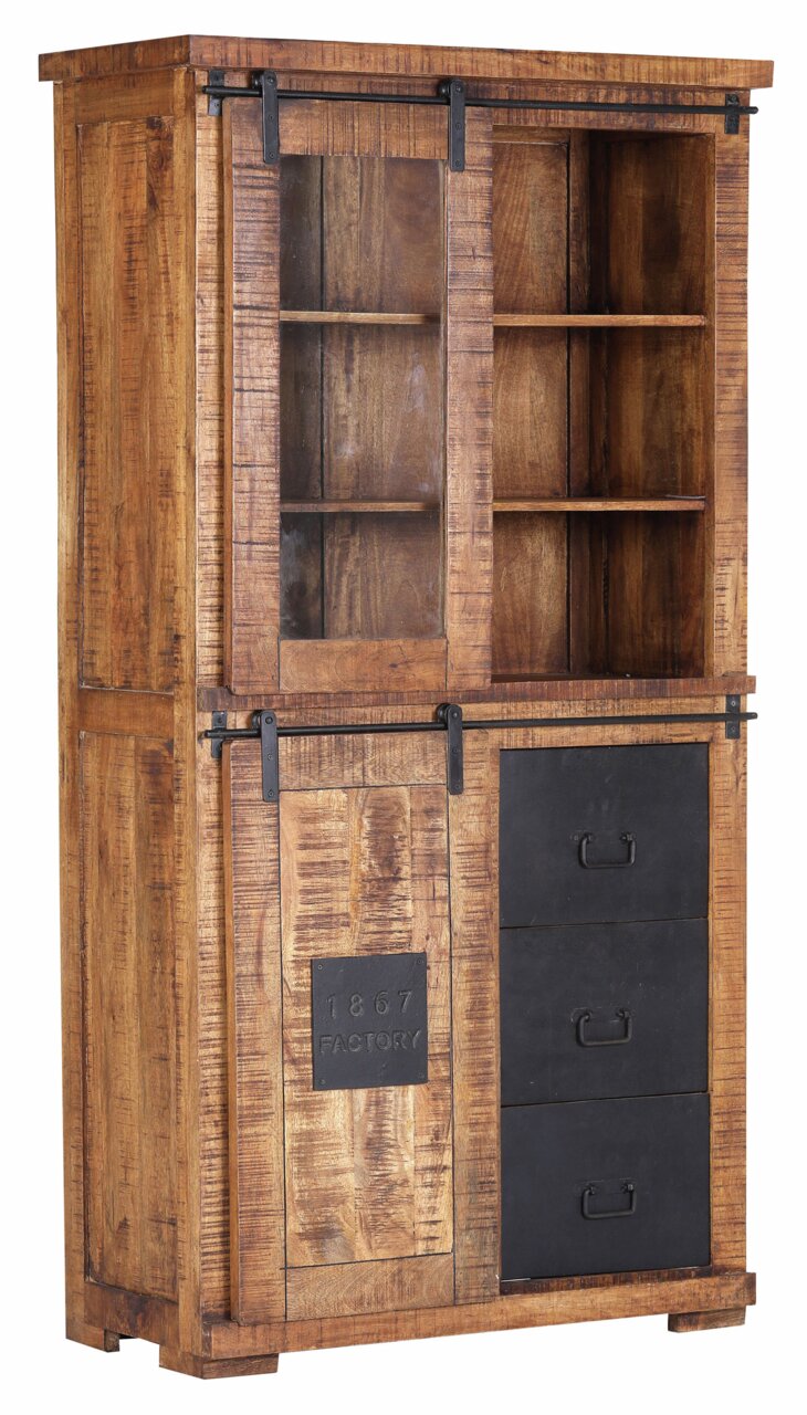 Rustikale Vitrine aus Holz mit Schiebetüren und Schubladen, seitliche Perspektive