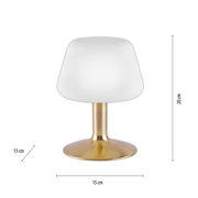 Tischleuchte aus mattiertem Messing mit weißem Schirm, frontale Ansicht