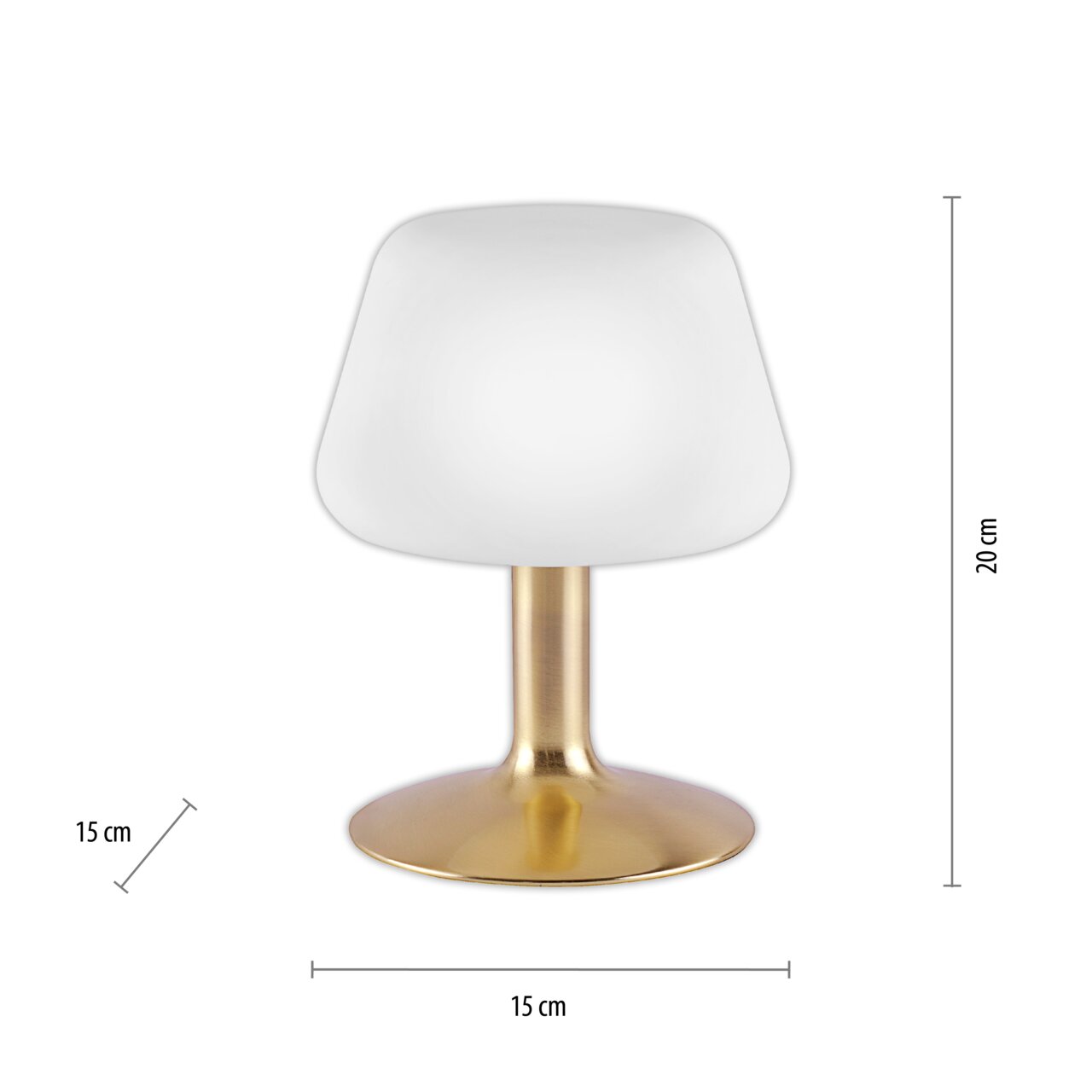 Tischleuchte aus mattiertem Messing mit weißem Schirm, frontale Ansicht