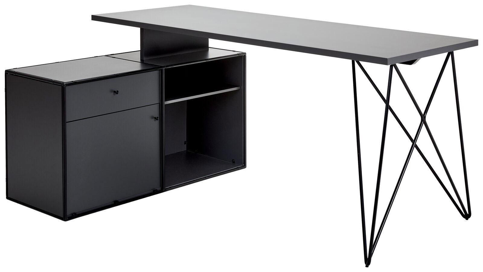 Moderner Winkelschreibtisch mit integrierter Kommode, seitliche Perspektive
