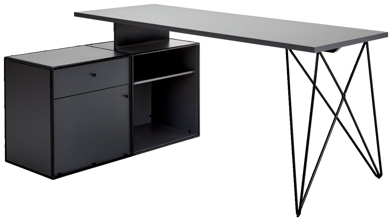 Moderner Winkelschreibtisch mit integrierter Kommode, seitliche Perspektive