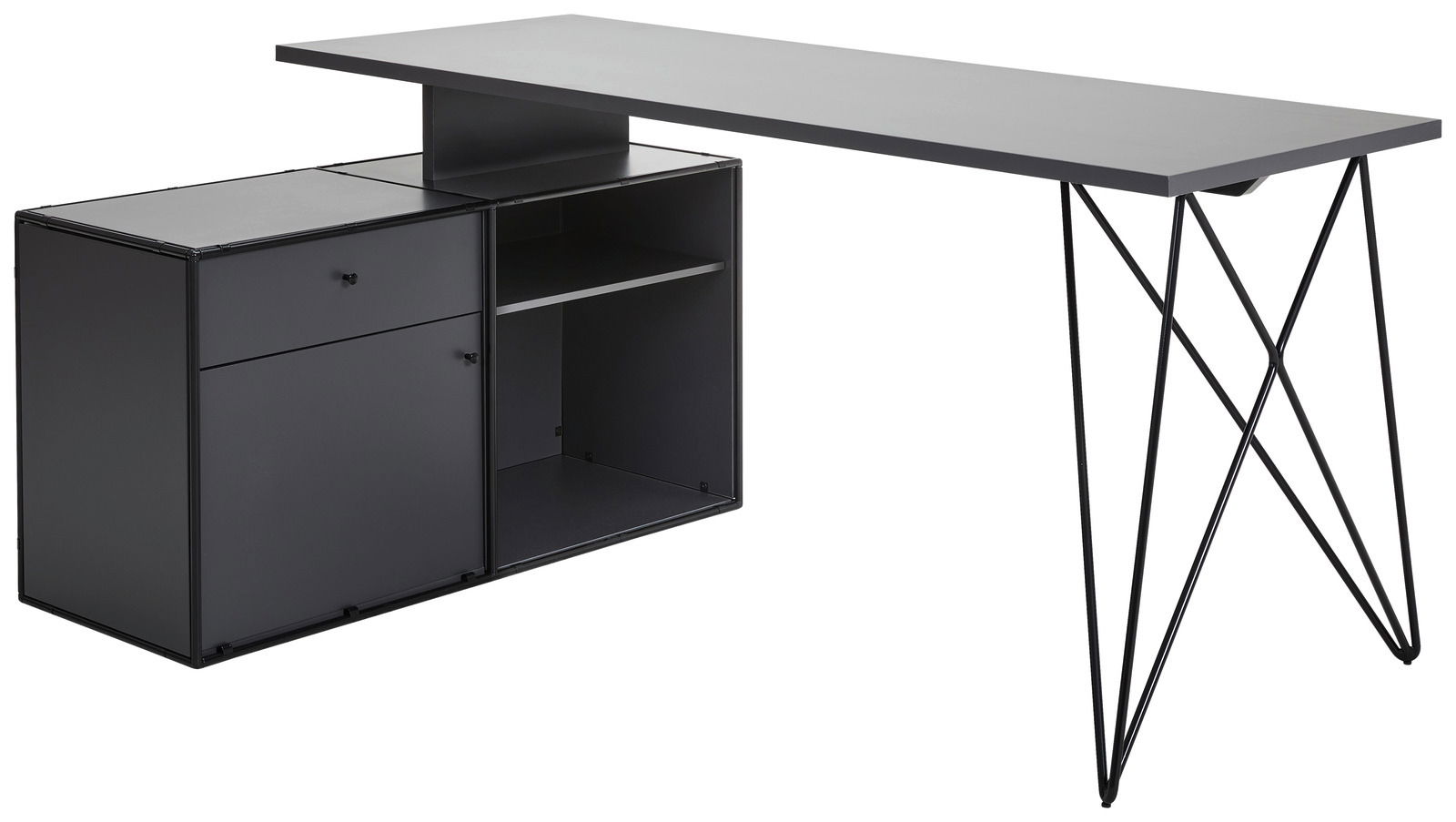 Moderner Winkelschreibtisch mit integrierter Kommode, seitliche Perspektive