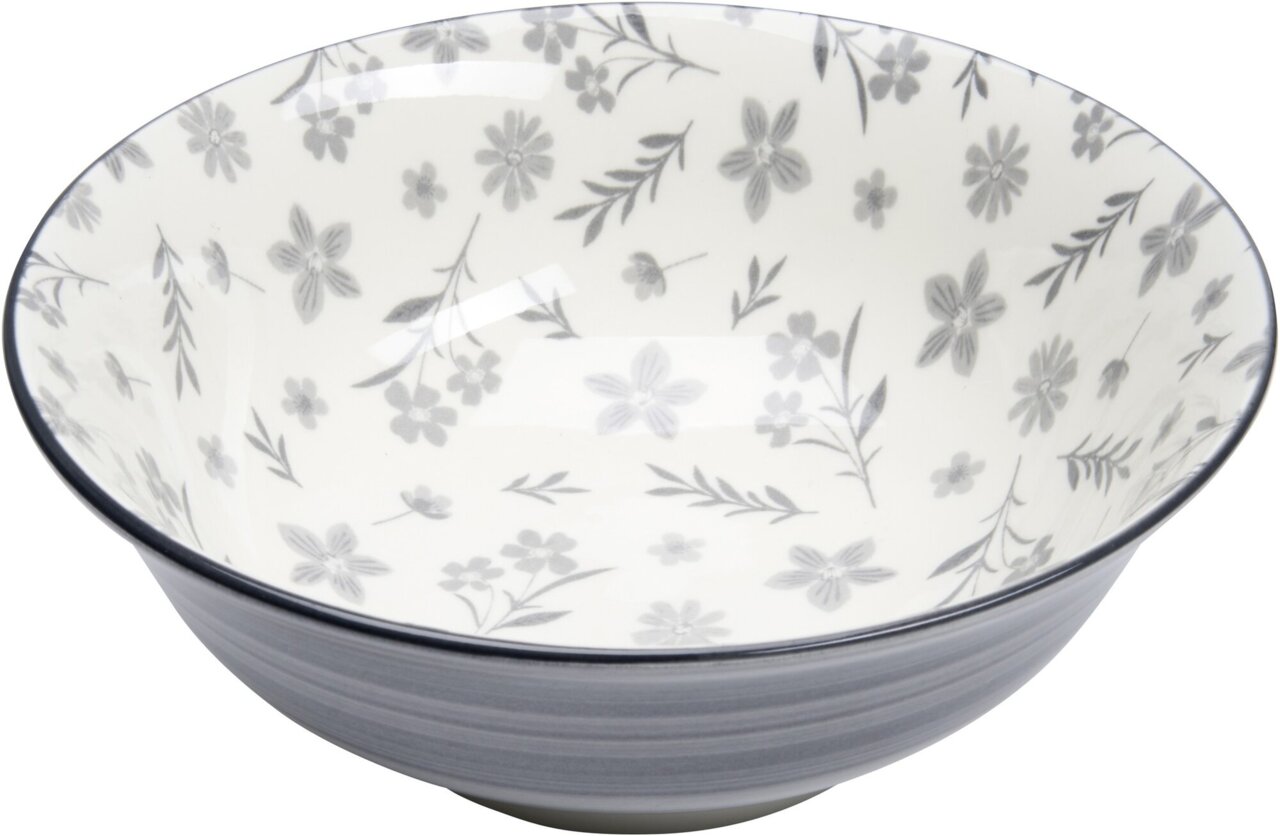 Schale Sendai Blume 21cm mit grauem Blumenmuster, seitliche Perspektive