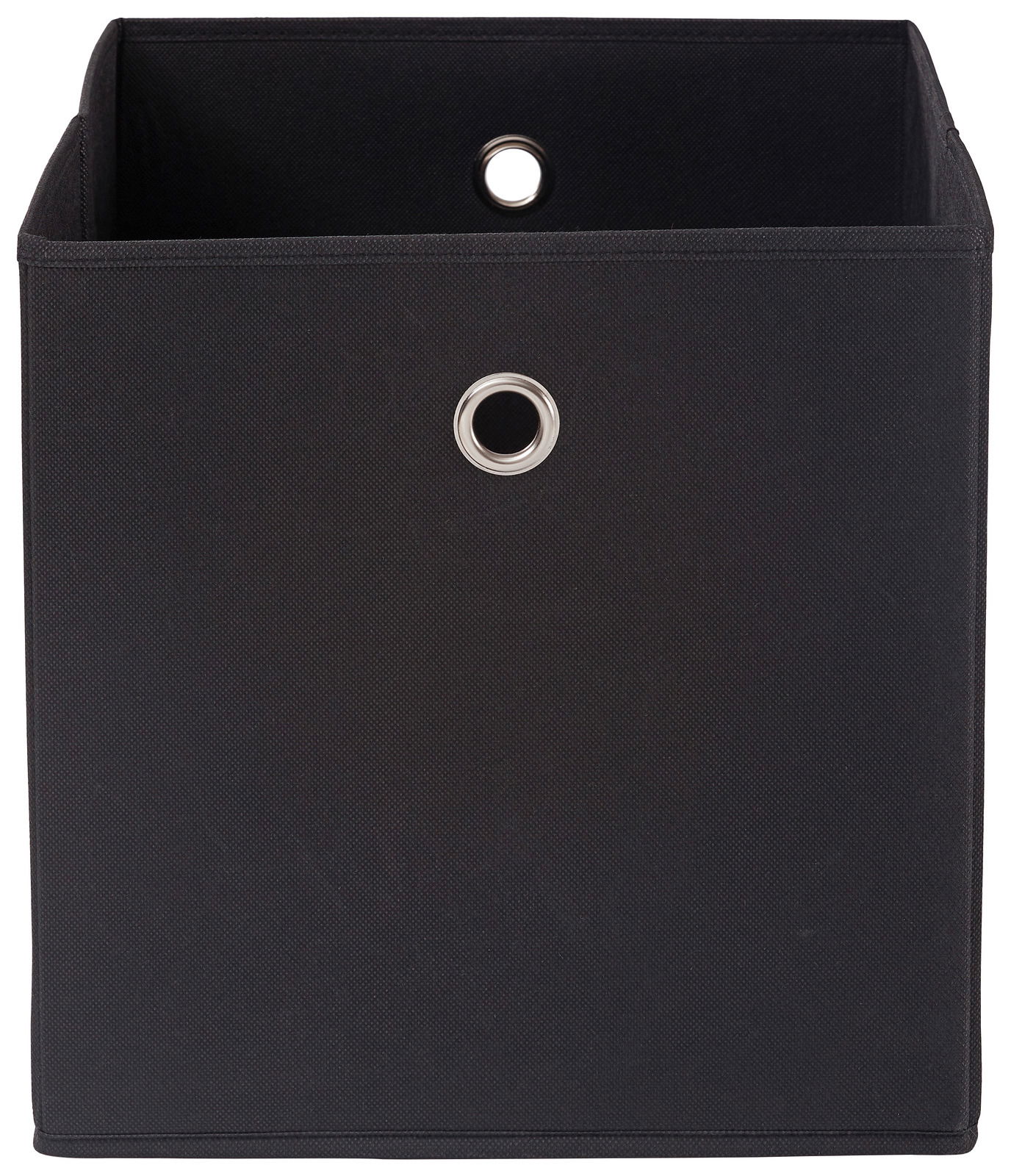 Schwarze Stoffbox mit Metallösen, frontal fotografiert