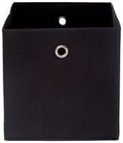 Schwarze Stoffbox mit Metallösen, frontal fotografiert