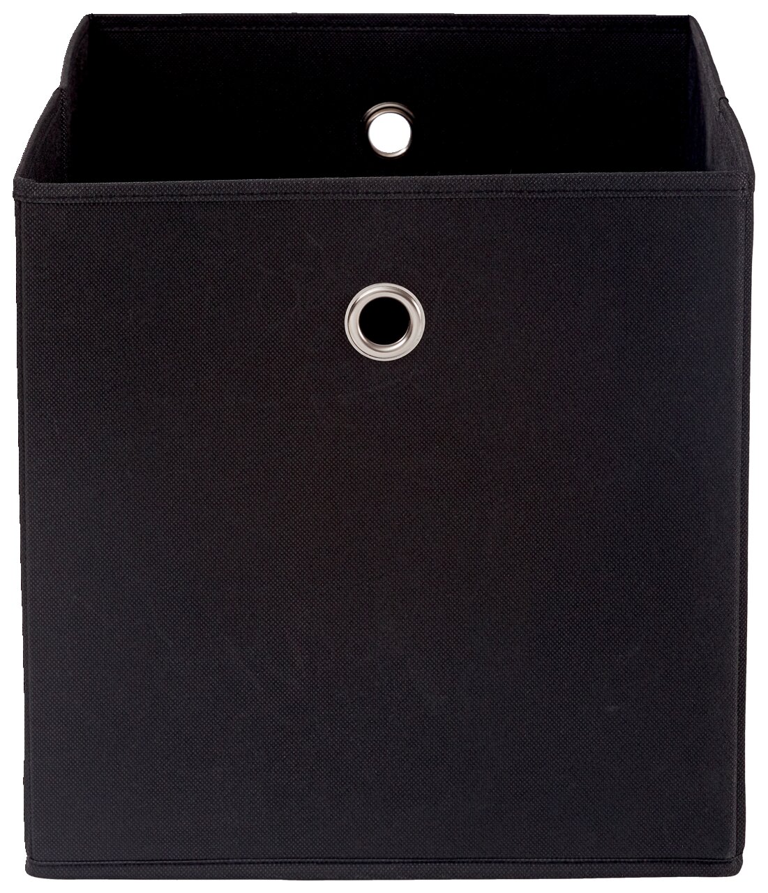 Schwarze Stoffbox mit Metallösen, frontal fotografiert