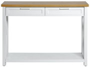 Weiße Konsole mit zwei Schubladen und Holzplatte, Frontalansicht