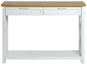 Weiße Konsole mit zwei Schubladen und Holzplatte, Frontalansicht