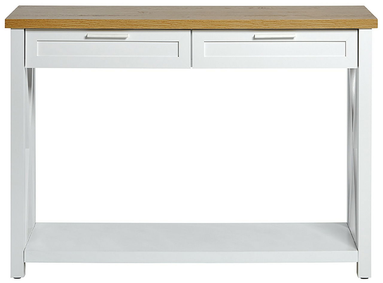 Weiße Konsole mit zwei Schubladen und Holzplatte, Frontalansicht