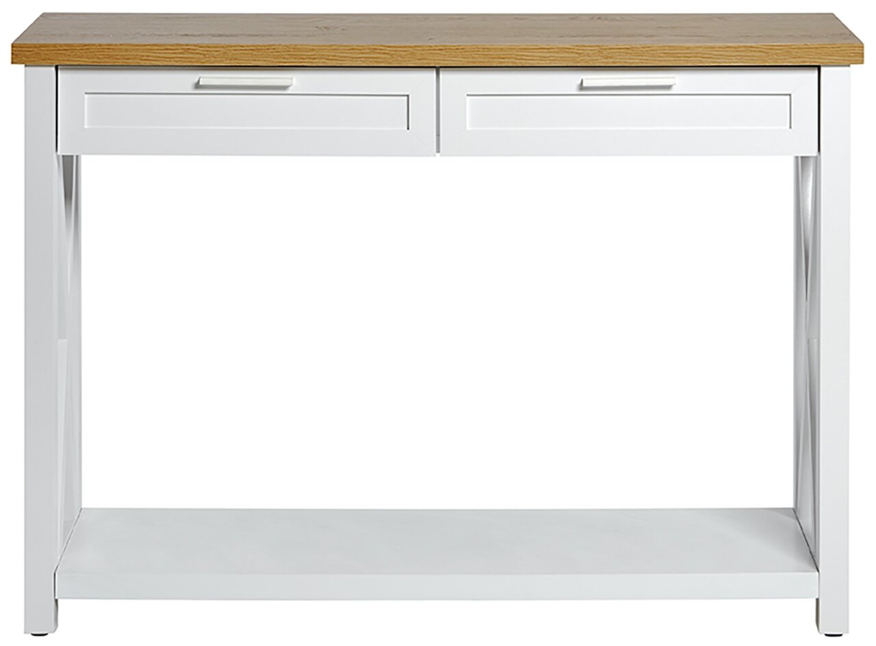 Witte console met twee lades en een houten blad, vooraanzicht