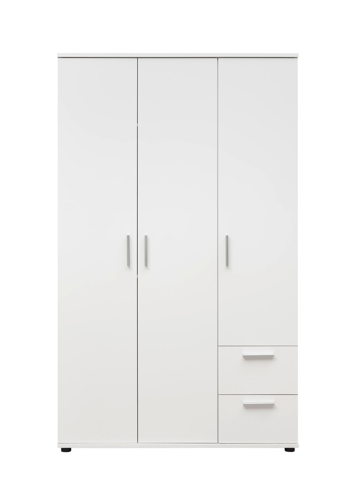 Weißer dreitüriger Kleiderschrank mit zwei Schubladen, Frontalansicht