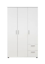 Weißer dreitüriger Kleiderschrank mit zwei Schubladen, Frontalansicht