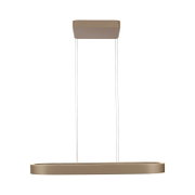 Moderne, längliche LED-Pendelleuchte in Messing/Goldoptik mit ovalem Leuchtenkörper und rechteckigem Baldachin an dünnen Seilaufhängungen, freigestellt vor weißem Hintergrund, Frontansicht.