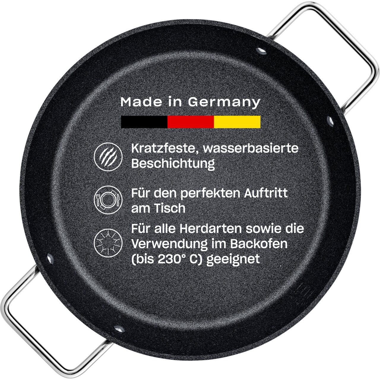 Servierpfanne Adamant 28cm aus der Vogelperspektive, Made in Germany, kratzfeste Beschichtung, geeignet für alle Herdarten und Backofen bis 230°C.