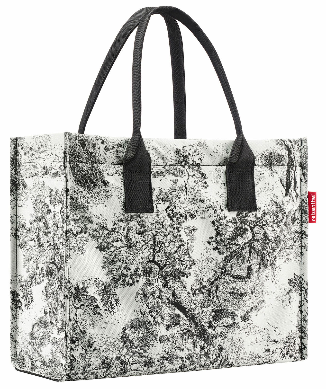 Schwarze und weiße Einkaufstasche mit Landschaftsmuster, seitliche Perspektive