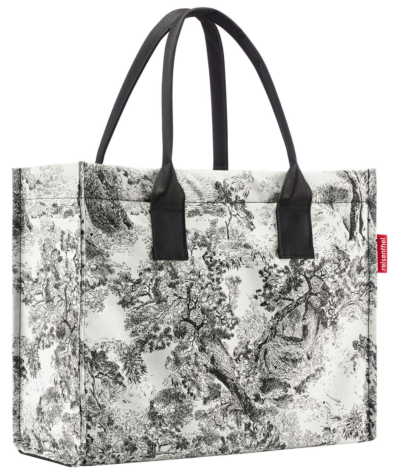 Schwarze und weiße Einkaufstasche mit Landschaftsmuster, seitliche Perspektive