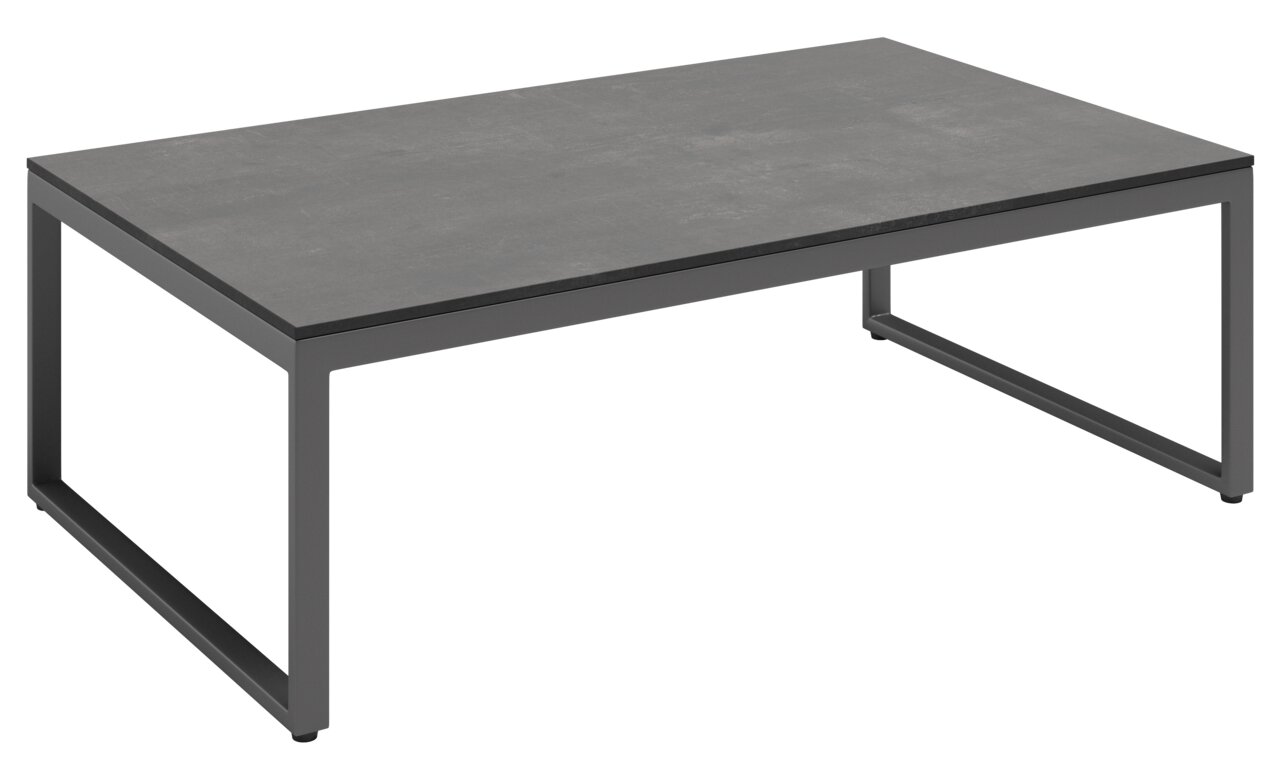 Amatio Grote salontafel GIRONA Moderner Loungetisch groß mit rechteckiger grauer Tischplatte und schwarzem Metallgestell, seitliche Perspektive