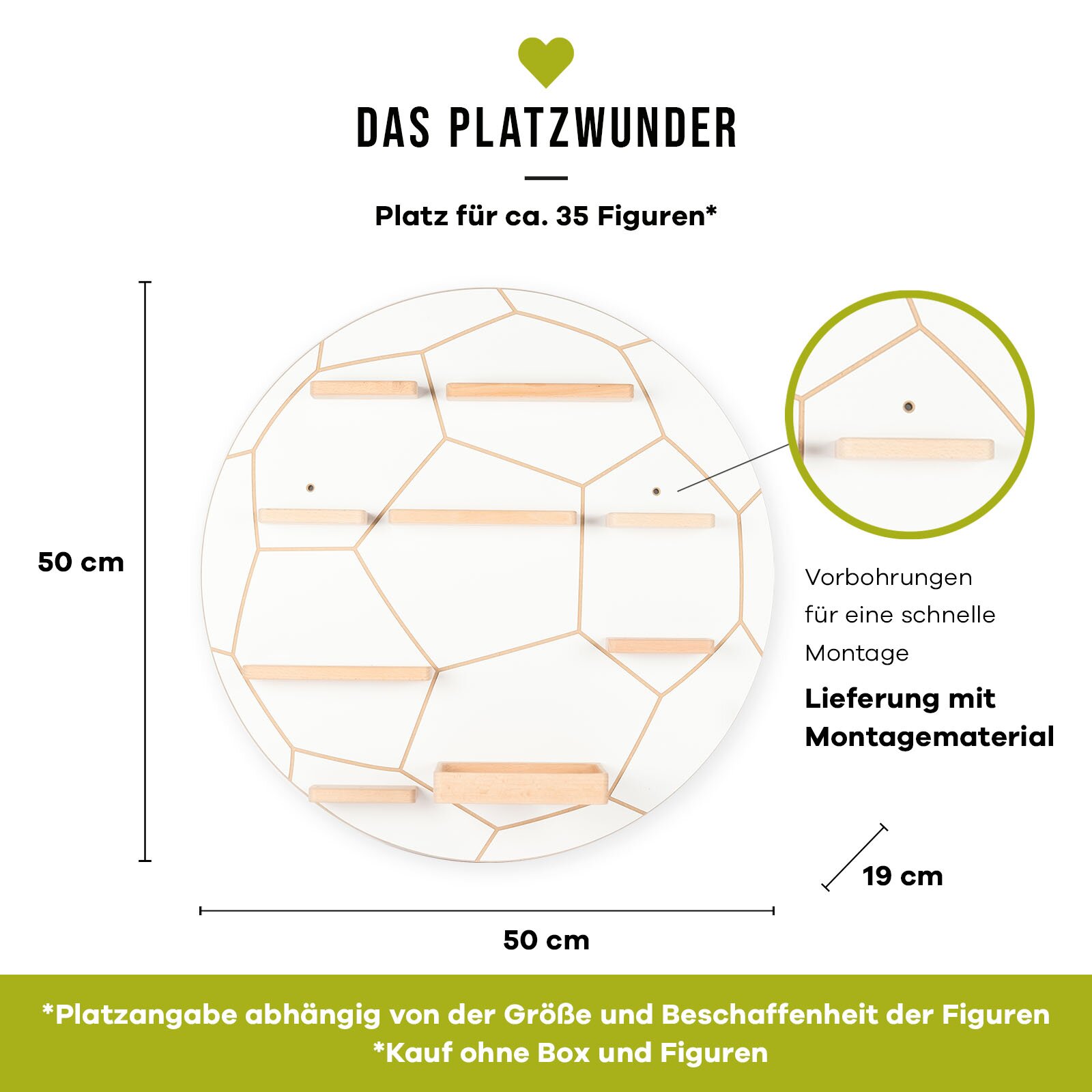 Rundes, weißes Wandregal/Display „Das Platzwunder“ (50 x 50 cm) mit geometrischem Muster und mehreren hellen Holzablagen, Platz für ca. 35 Figuren, Vorbohrungen und Montagematerial – Frontansicht.