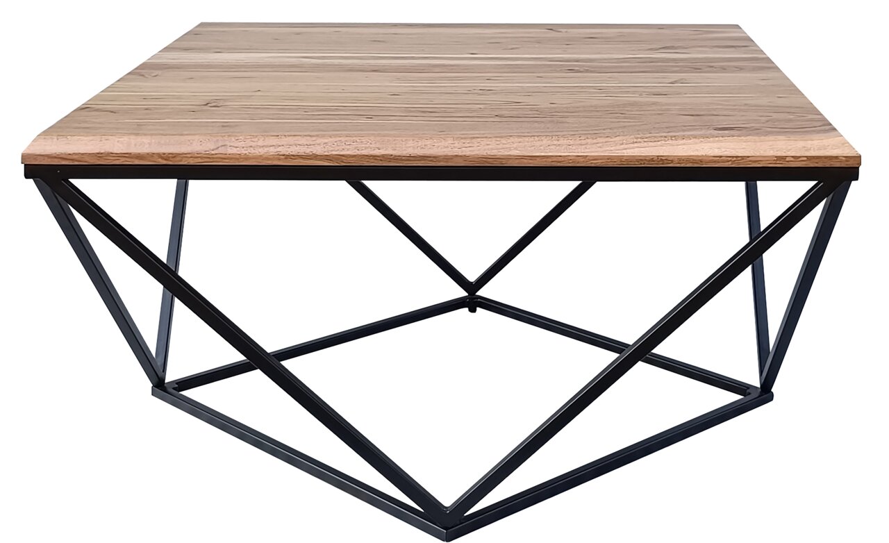 Moderner Couchtisch mit Holzplatte und geometrischem Metallgestell, seitliche Perspektive