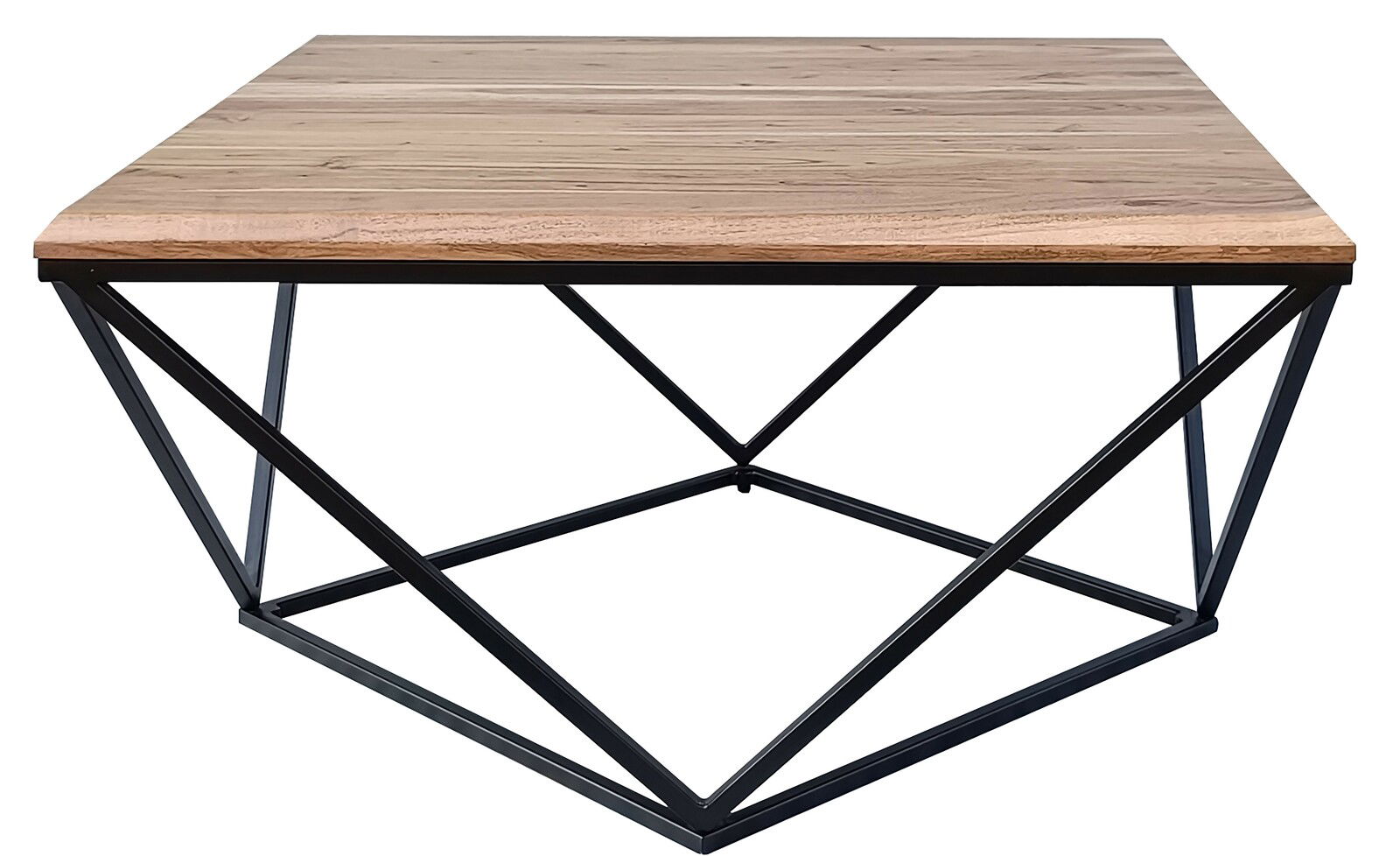 Moderner Couchtisch mit Holzplatte und geometrischem Metallgestell, seitliche Perspektive